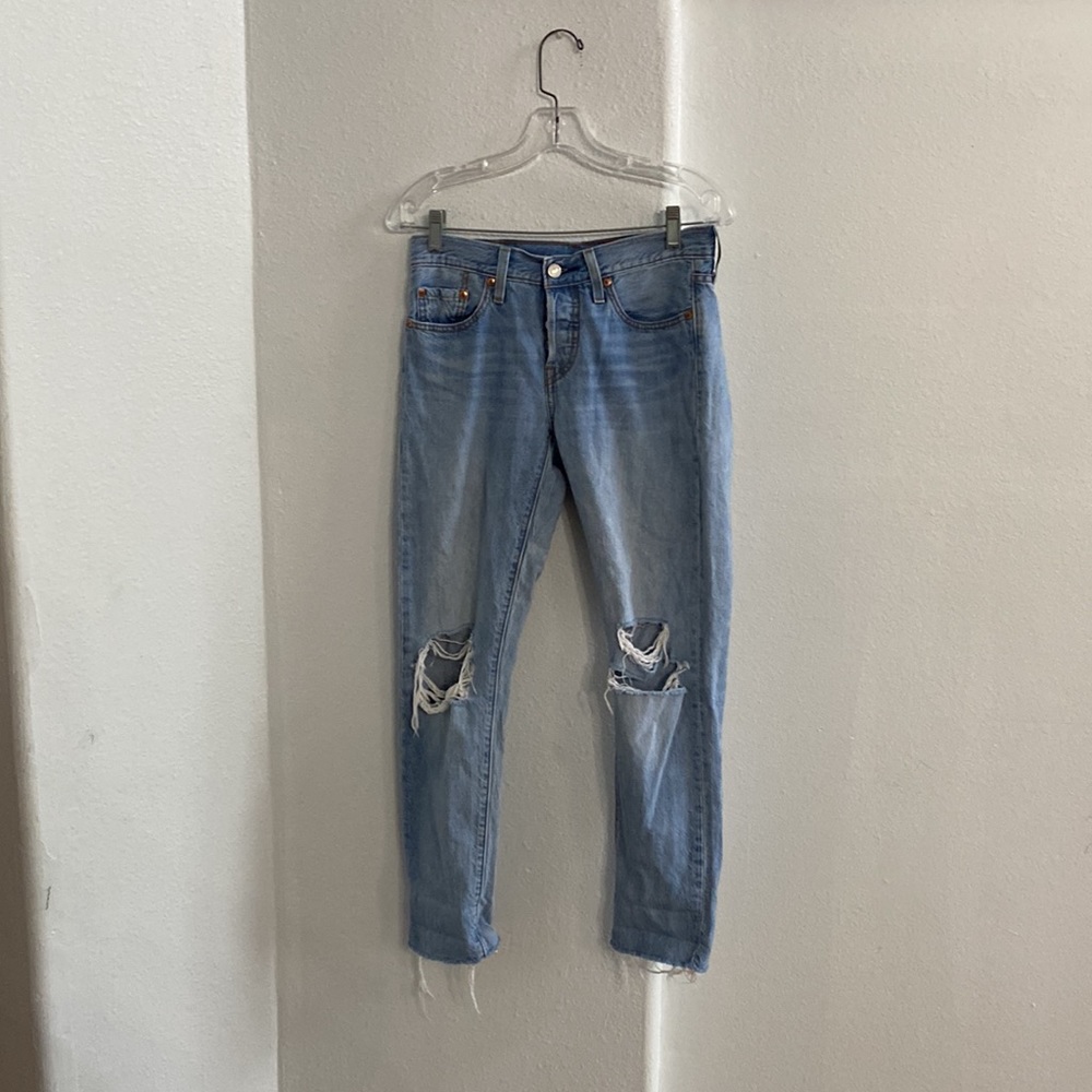 Levis 501 Big E Womens 25x28 Blue‎ Denim Button Fly Distressed Vintage Jeans